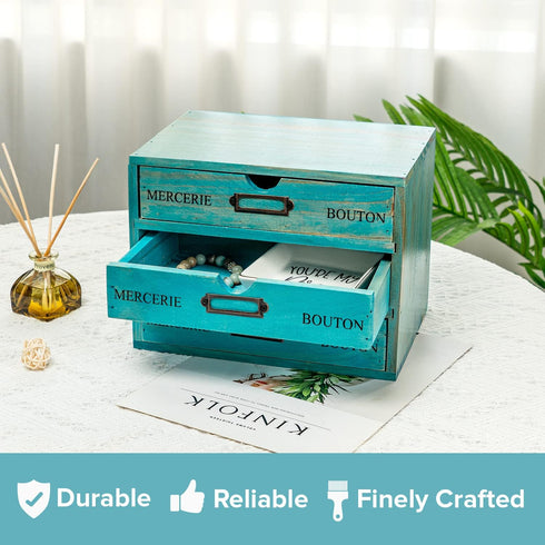 Turquoise 3-Tier Drawer Unit, European Country Style Desk Organizer Box, Wooden Teal Stackable Drawers