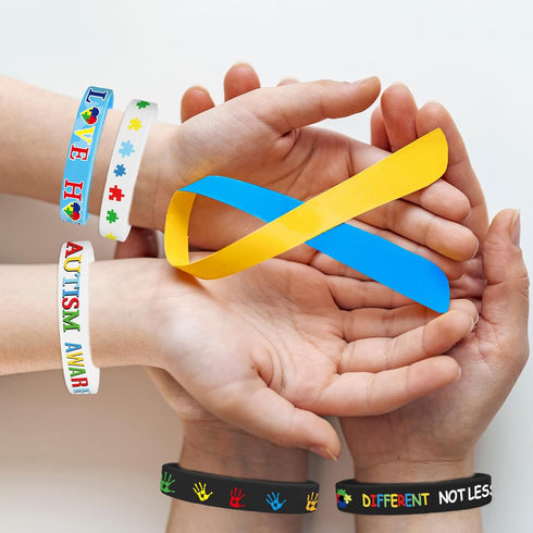 Whaline 24 Pack Autism Awareness Pencils and Bracelets Sets, Inspirational Silicone Wristbands, Colorful Half Pencils
