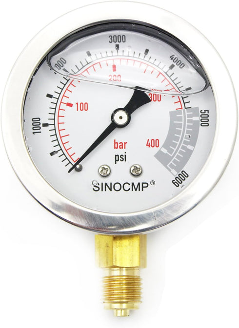 SINOCMP 40Mpa/0-400bar/0-6000PSI Multi Purpose Double Scale Stainless Steel Glycerin Filled Hydraulic Pressure Gauge