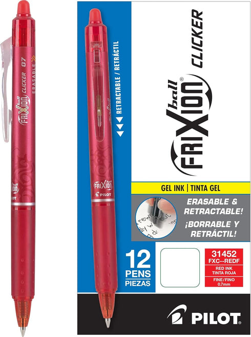 Pilot FriXion Clicker Erasable Gel Pens, Fine Point 0.7 mm, Red, Pack of 12