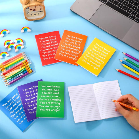 Spakon 48 Sets Rainbow Gifts for Students, Mini Pocket Notepads, Colorful Pencils, Cute Erasers with Organza Bags