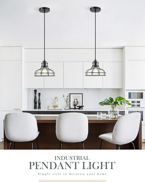 8.7", Industrial Pendant Lights Kitchen Island Black Hanging Light Fixtures with Clear Glass and Metal Cage, Farmhouse