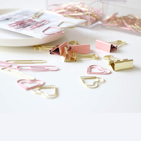 Gold Pink Binder Clips and Paper Clips Set, 3-in-1 Boxed for Office School Supplies, Teachers Classroom Daily Use