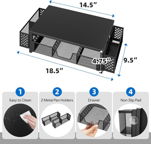 Simple Trending Desk Organizer and Accessories, Computer Metal Monitor Stand Riser with Drawer and Pen Holder