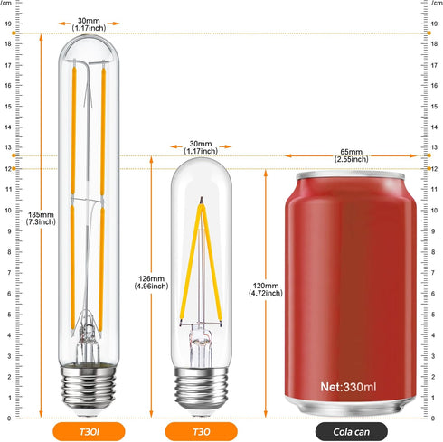 Tubular Light Bulb, 7.3 Inch Dimmable T10 LED Bulb, E26 6W, 60 Watts Edison Bulbs, 2700K Soft White, 4-Pack