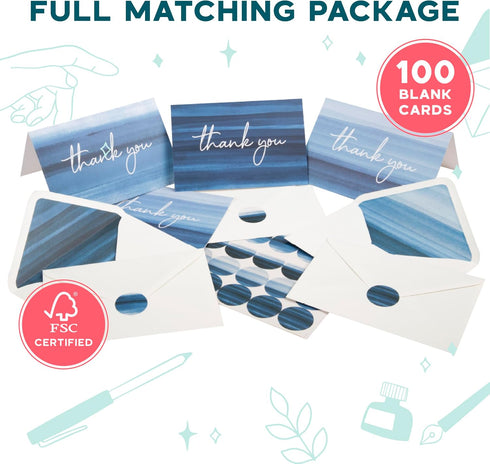 Set 100 Pack 4x6 Set VNS Creations Thank You Cards With Envelopes Bulk & Stickers - Blank Thank You Notes Bulk Box