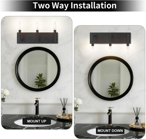 3-Lights E12 Base(Bulbs Kalium Bathroom Light Vanity Fixtures Over Mirror, Modern Matte Black Wall Sconces, Minimalist