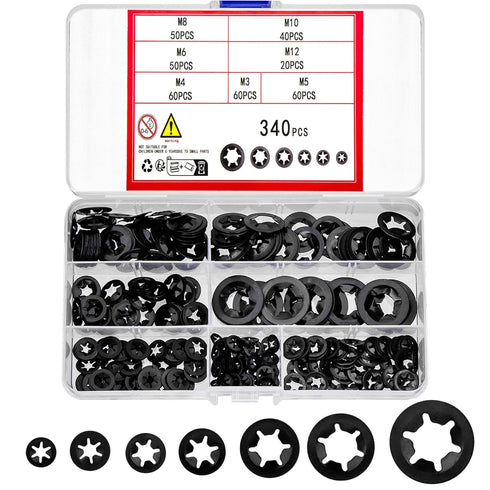 340 Pcs Locking Washers Assortment Kit, Internal Tooth Starlock Push On Speed Clips Fasteners - M3, M4/M5/M6/M8/M10/M12