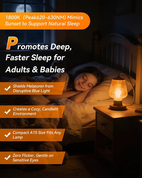 Neporal 1800K Bulbs, 99.96% A15 6W(40 Bulbs, E26 2 Packs Amber Sleep Light Blue Light Blocking, Watt Equivalent) Soft