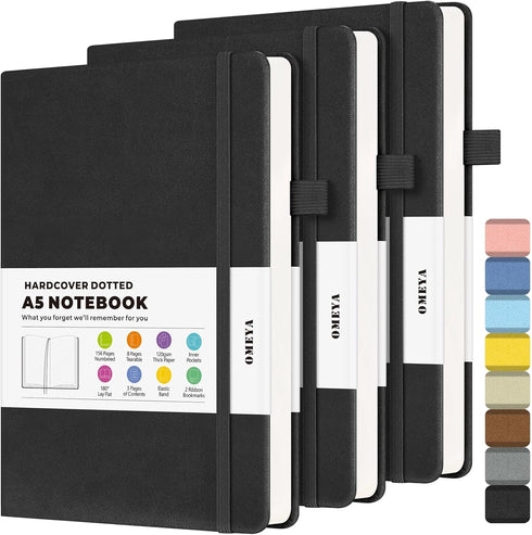 OMEYA Dotted Journal Notebook, 3 Pack, A5 Hardcover with 120gsm Thick Dotted Paper for Writing