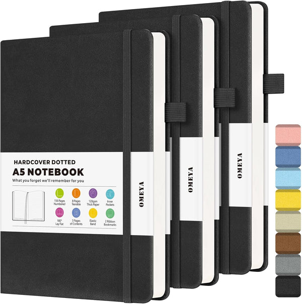 OMEYA Dotted Journal Notebook, 3 Pack, A5 Hardcover with 120gsm Thick Dotted Paper for Writing