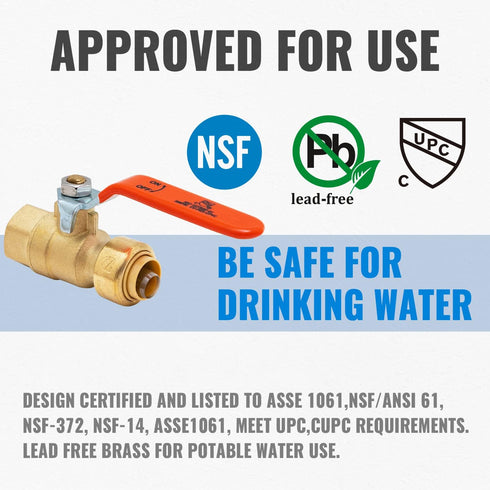 SUNGATOR 1/2 Inch PTC x 1/2 Inch FNPT Pushfit Female Ball Valve, No Lead Brass Plumbing Fittings, Pack of 2 with Clip