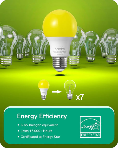 EDISHINE A19 Yellow Light Bulbs, 9W(60W Equivalent), 600LM 2400K Amber Glow, E26 Medium Base, Non-Dimmable, 8 Pack
