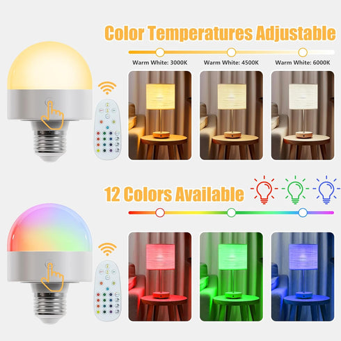 MXhme E26 Bulb Bulb Lamps,E26 3 12 Colors,2Pack Rechargeable Light with Remote and Timer,Battery Operated Light