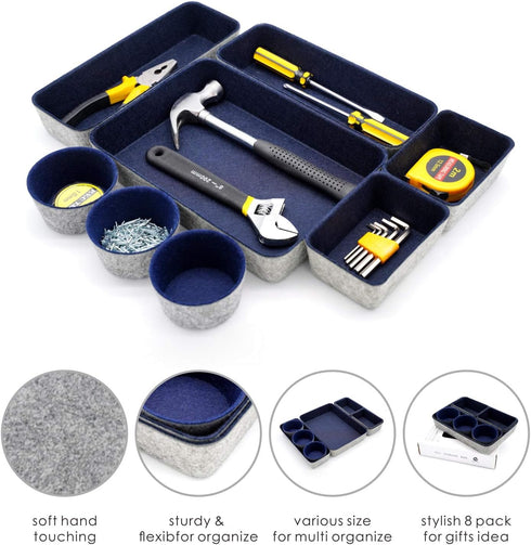Welaxy 8-Piece Office Desk Drawer Organizers - Felt Small Storage Bins for Office Supplies, Multi-Purpose Gift Idea for
