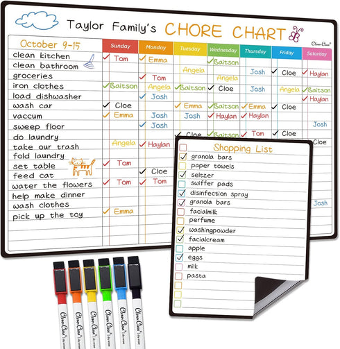 CLEVER CLEAN 14.5"x11" Magnetic Dry Erase Chore Chart for Kids, Teens, Adults, Includes 6 Extra Fine Point Markers