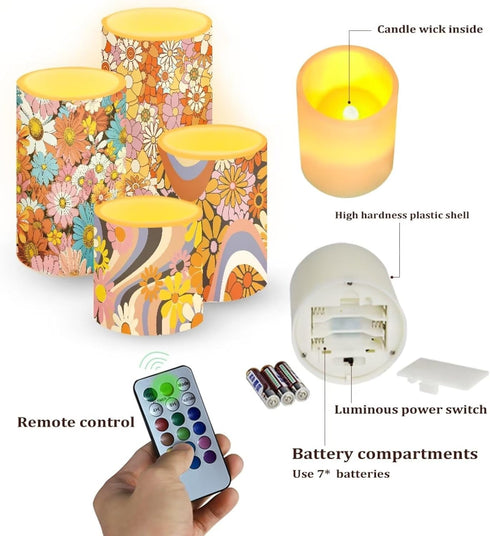 4 Hippie Daisy Flowers Pcs Flameless LED Candles with Remote Timer Control, Color Changing Flickering LED Pillar