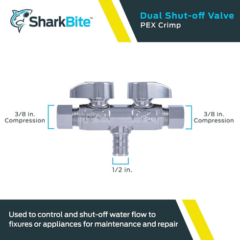 SharkBite 1/2 x 3/8 x 3/8 Inch Brass Crimp Angle Stop Valve, Dual Shut Off, PEX Pipe