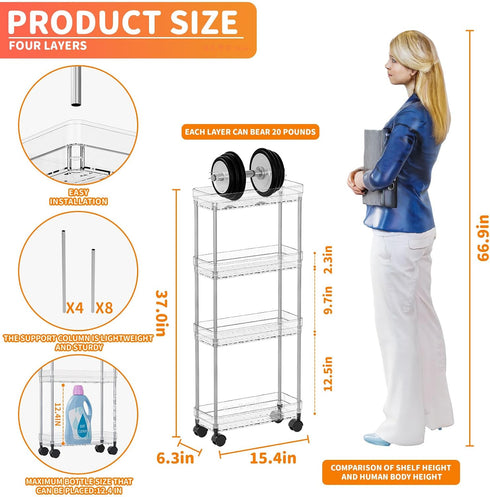 Yieach 4 Wheels,6.3W Clear Tier Slim Rolling Storage Cart with Thin Shelf,Bathroom Storage Cabinet,Skinny Laundry