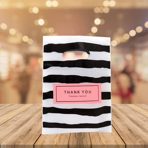 Joyhey 100 Count 5.8" x 7.8" Plastic Merchandise Bags, Shopping Retail Boutique Bags with Die Cut Handles - Black Thank