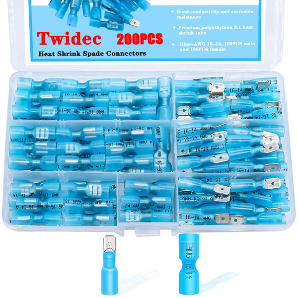 Twidec 200PCS Heat Shrink Spade Connectors Kit, 16-14 AWG Fully Insulated Electrical Wire Crimp Connectors