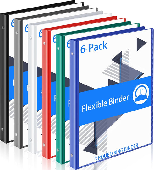 Fulmoon 6 Pack Plastic 3 Ring Binder Assorted Colors, Economy Flexible Round Ring Presentation Binders with Pocket