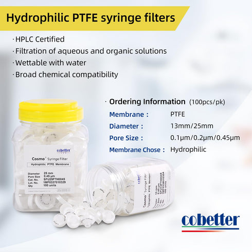 100 Pack PTFE Syringe Lab Filters - 0.2µm 13mm Hydrophilic Filtration, Non-Sterile, White