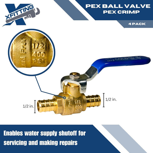 4 Pieces 1/2" Pex Ball Valve Hot & Cold, 24-2-1&2=4X (4 Packs)