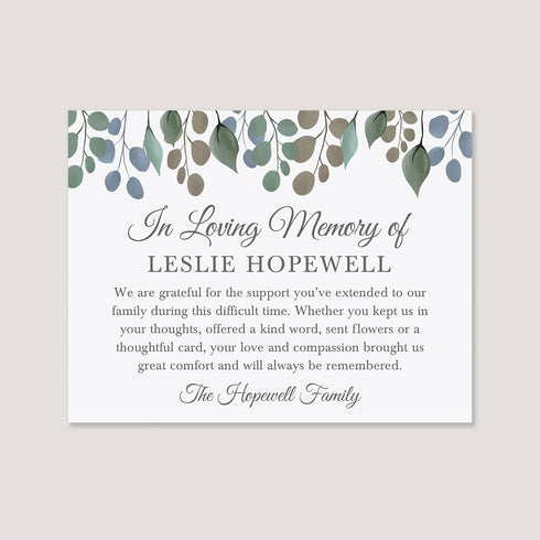 5.5x4.25 In Loving Memory Funeral Thank You Cards with Leaves, Flat Personalized Sympathy Bereavement Notes