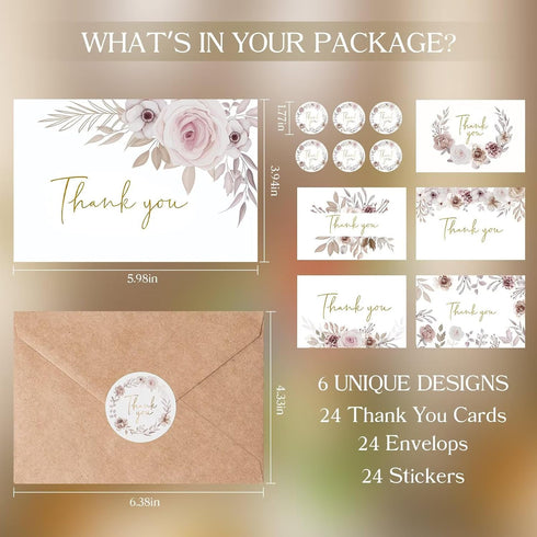 Oaken Leaford 24 Pack 6 Pre-Folded Floral Thank You Cards with Envelopes & Stickers, Elegant Designs for Wedding, Baby
