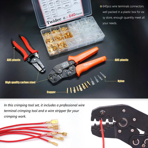 Twidec 642Pcs Quick Splice Male and Female Wire Spade Connector Kit with Crimping Pliers for Electrical Wiring