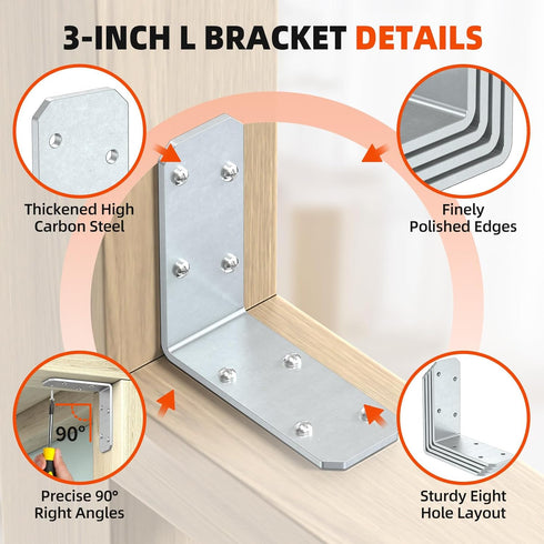 SecureLatch 3"3"1.2" 90 (Galvanized-4PCS) Degree Galvanized Corner Brace, Heavy Duty L Shape Bracket for Wood Beams