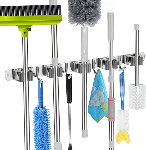 voze 5 Racks and 4 Hooks Mop and Broom Holder Wall Mount, Heavy Duty Storage Tool Racks for Kitchen and Garage