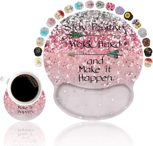 Ergonomic Mouse Pad Wrist Support Set, Pink Glitter Inspirational Quote Wrist Rest Pad with Coasters for Home Office