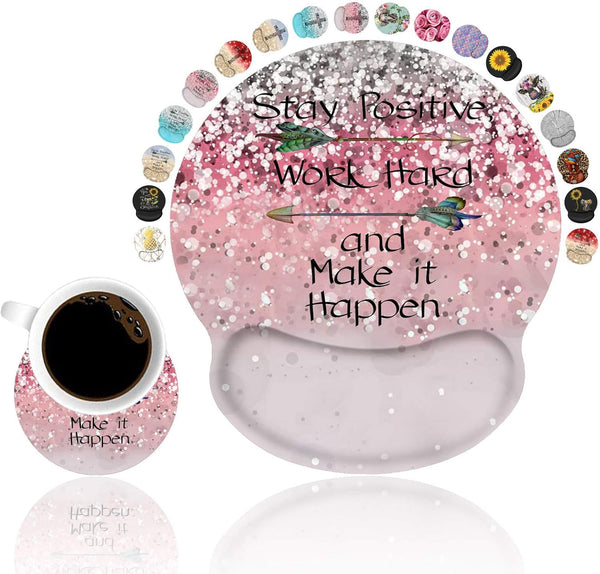 Ergonomic Mouse Pad Wrist Support Set, Pink Glitter Inspirational Quote Wrist Rest Pad with Coasters for Home Office