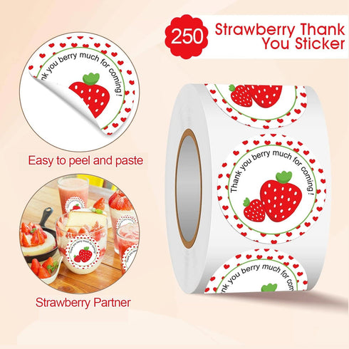 Strawberry Thank You Sticker Labels, 2 Inch Thank You Berry Much for Coming Stickers - 250 Pcs Birthday Party Favors