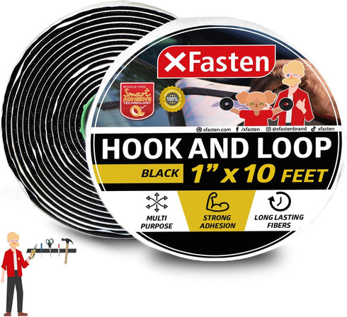Hook and Loop Tape, Black, 1 inch x 10ft, Heavy Duty Industrial Strips with Adhesive