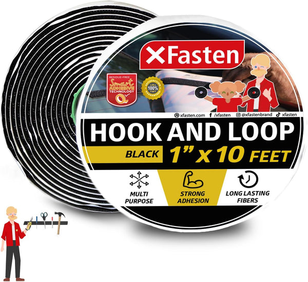 Hook and Loop Tape, Black, 1 inch x 10ft, Heavy Duty Industrial Strips with Adhesive