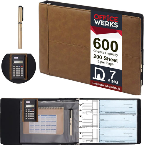Office Werks Executive Check Binder 9 X 13 Inch, 7 Ring with Zip Pouch, 600 Checks Capacity, Brown