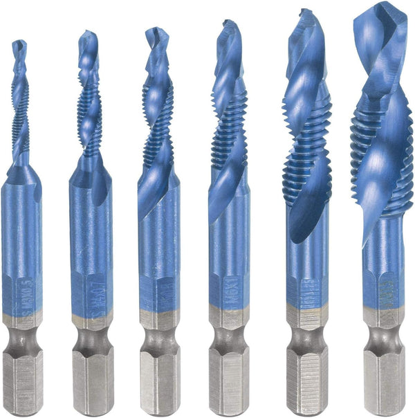uxcell Combination Drill and Tap Bit Set M3 M4 M5 M6 M8 M10 with 1/4" Hex Shank, High Speed Steel Countersink Tapping