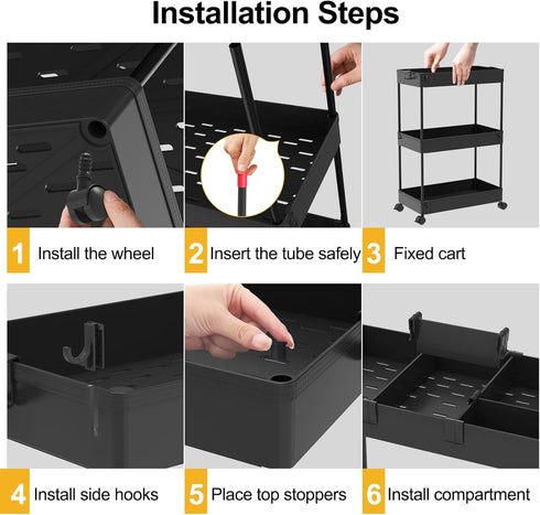SPACELEAD 3 Tier Slim Rolling Storage Cart, Mobile Utility Organizer for Bathroom, Office, Kitchen, Laundry Room - Black