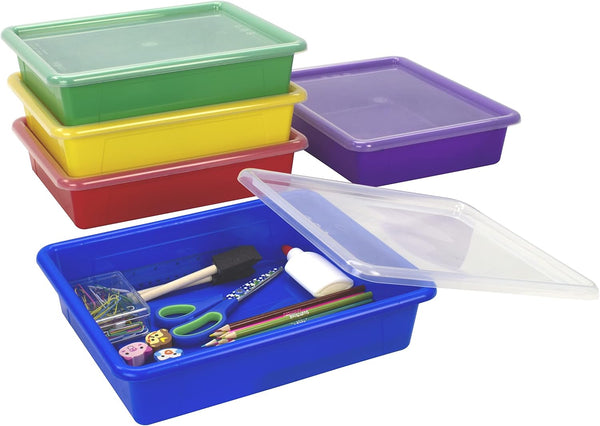 Storex Letter Size Flat Storage Tray – Organizer Bin with Non-Snap Lid for Classroom, Office, Home, Pack of 5