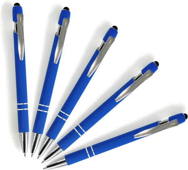 Pack of 5 Rubberized Comfort Soft Touch 2 in 1 Ballpoint Pen, Premium Metal Medium Point, Black Ink (Blue)
