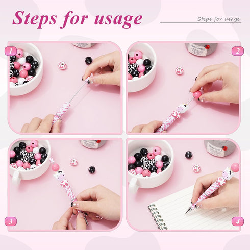 Whaline 12 Sets Cow Print Beadable Pens, DIY Pens with Milk Cow Shaped Beads for Students Office Gifts