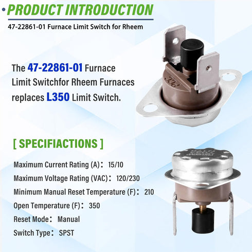 2 Pack Furnace Limit Switch 47-22861-01 - Compatible with Rheem Furnaces, Manual Reset, Open at 350F