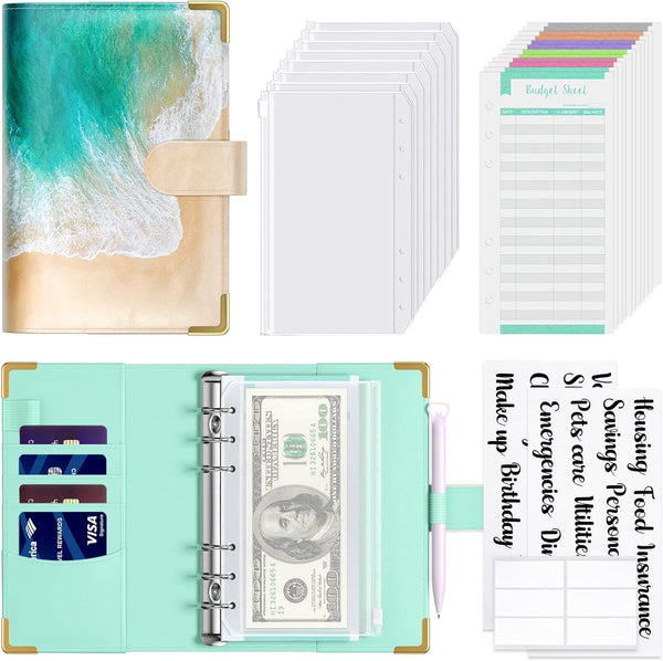 Budget Binder A6 Money Organizer for Cash, Zipper Envelopes System, Cute Budget Wallet for Women Men, Beach
