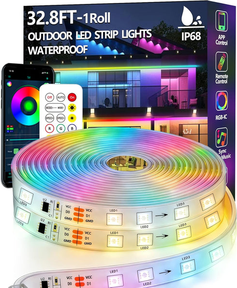 32.8FT Outdoor LED Strip Light Waterproof,IP68 Outside RGB+IC Light Strip with App/Remote