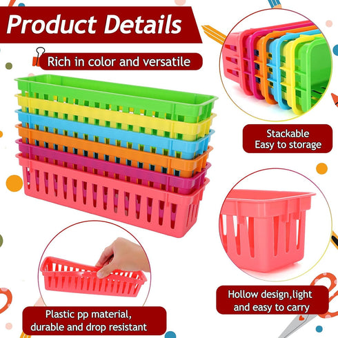PLMMOUT 24 Pack Organization,9.3" 2.2" 2.4" Pencil Basket Tray,Plastic Classroom Organizer Basket,Colorful Crayon
