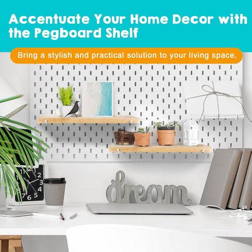 2 Pack Solid Wood Pegboard Shelf, Pegboard Accessories with Hooks, Compatible with IKEA Skadis