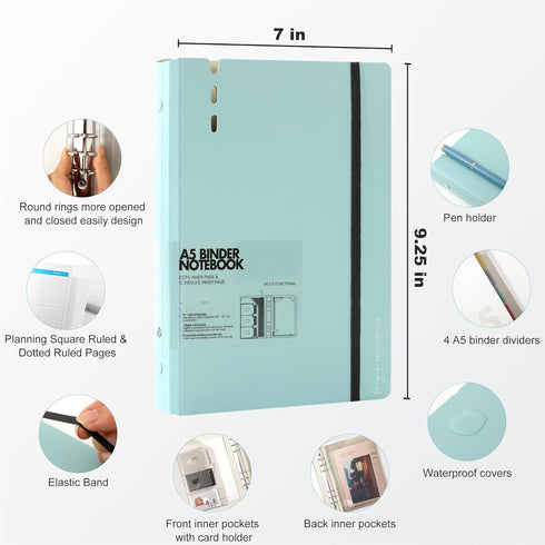 CAGIE A5 Binder 6 Ring Binder Notebook with Dividers Refillable Planner Binder with Pockets, A5 Refill Paper Include Planning Square Ruled and Dotted Pages, 7 x 9.26 in, Blue by CAGIE